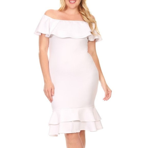 white off the shoulder dress with ruffles